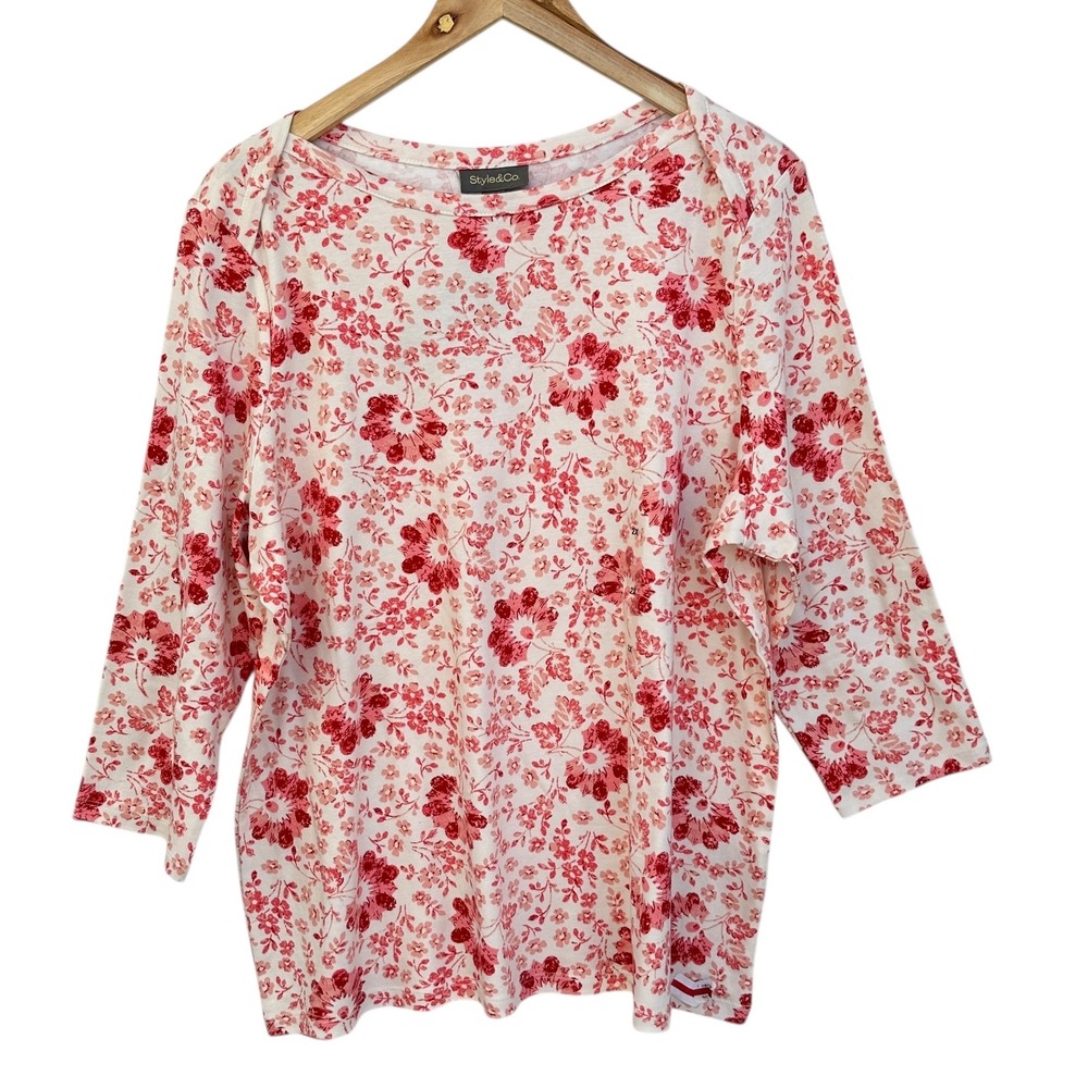 Style & Co Floral Print Top 3/4 Sleeve Supima Cotton Red White 2X NWT Office‎